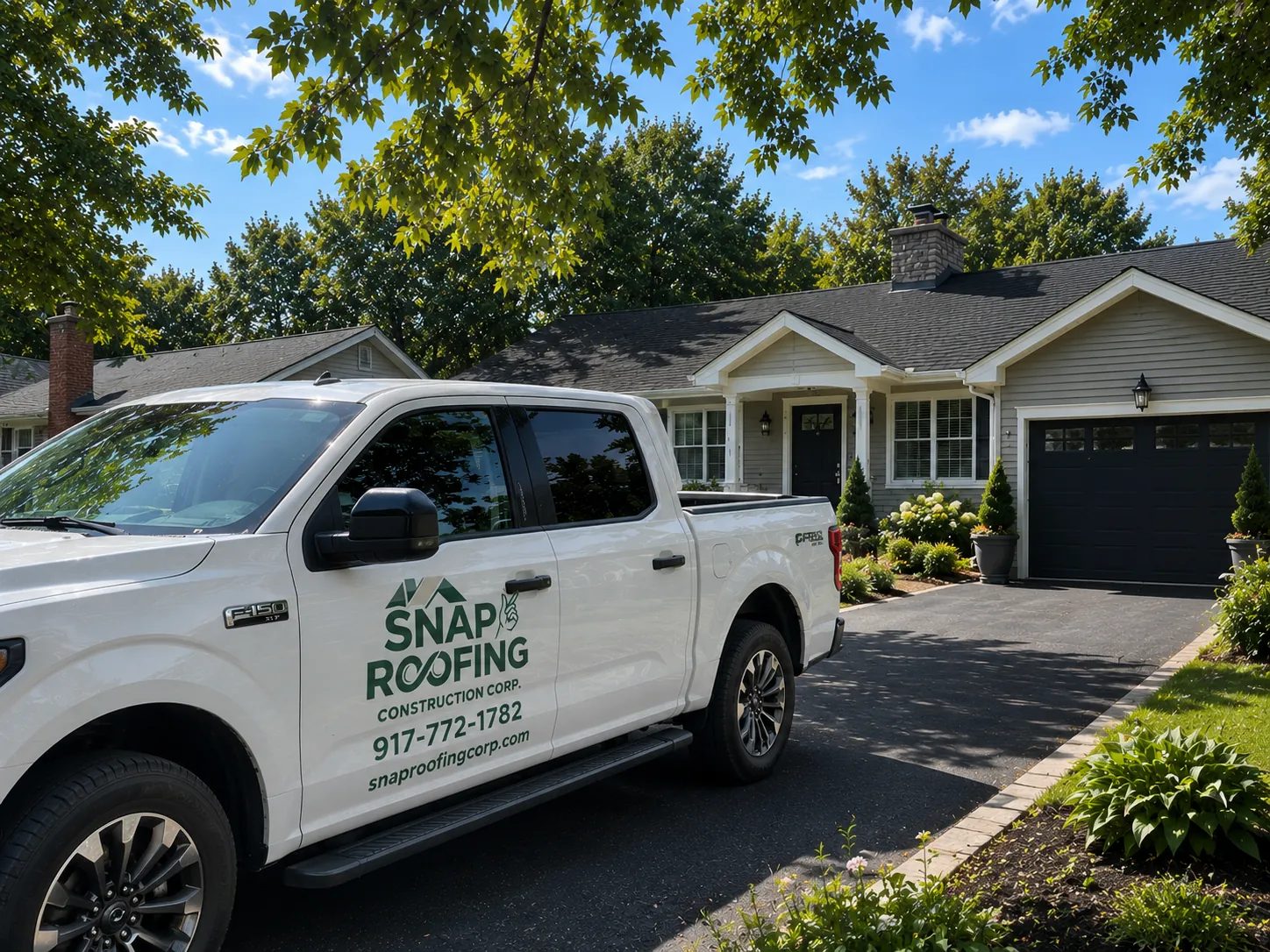 Snap Roofing truck outside a home after a roof replacement